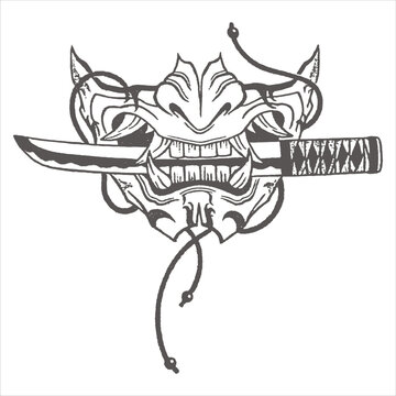 Japanese hannya mask biting a sharp katana sword line art