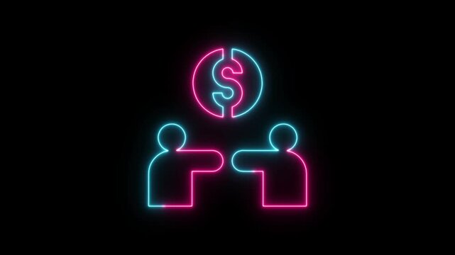 Neon glowing icon of two people shaking hands under a dollar sign representing business deal or financial partnership