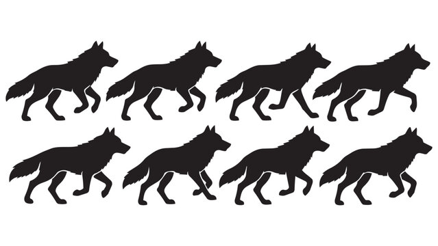 Black silhouette wolves running in a pack formation