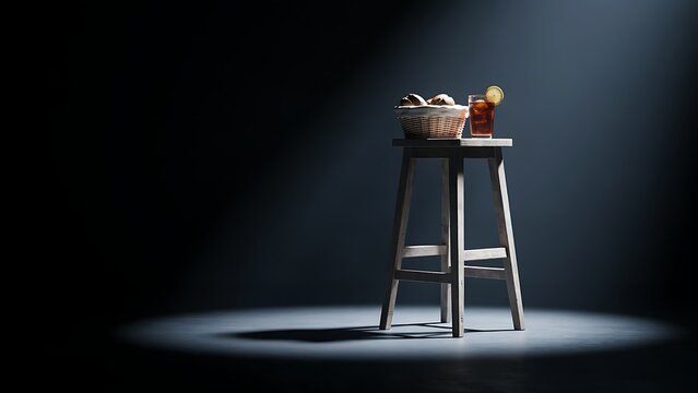 Basket of fresh bread rolls and a glass of iced tea resting on a rustic wooden stool illuminated by a spotlight in a dark room