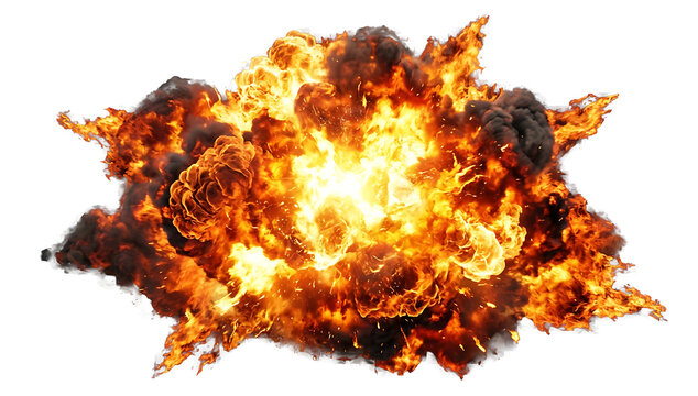 Large realistic fiery explosion with bright flames and thick black smoke