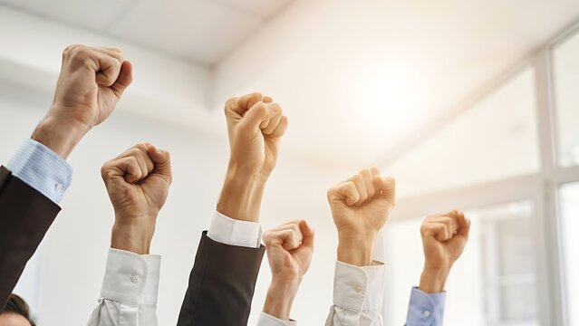 Group of business people raising fists in celebration of corporate success and unity