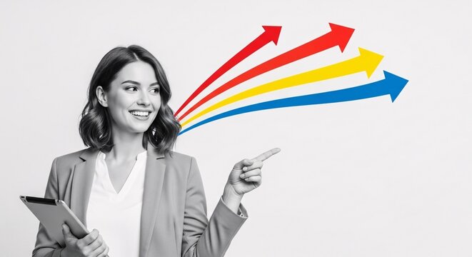 Businesswoman smiling holding tablet pointing to colorful upward arrows representing growth success and innovative ideas in a professional setting
