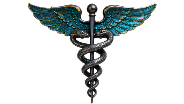 Detailed caduceus symbol with teal wings and entwined snakes, isolated on transparent background