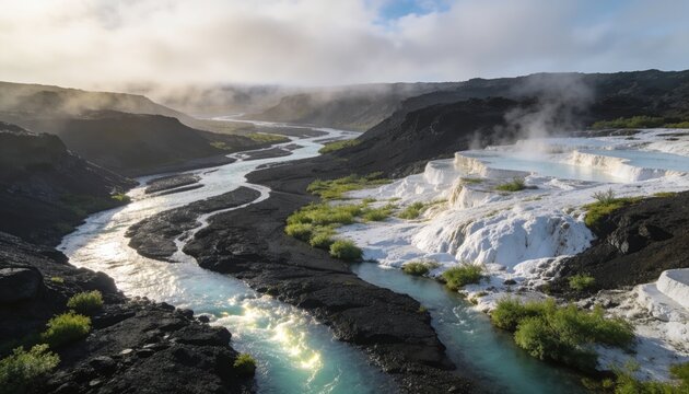 Conceptual environmental photography of a restored volcanic valley with luminous streams and mineral terraces