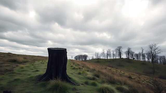 Lone charred tree stump on grassy hillside under dramatic clouds, nature resilience and loss concept