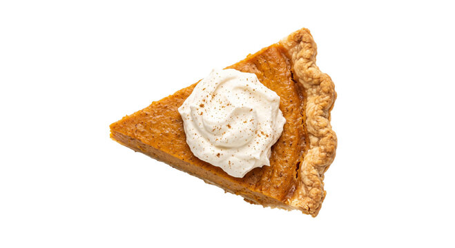 Delicious slice of pumpkin pie topped with whipped cream and cinnamon