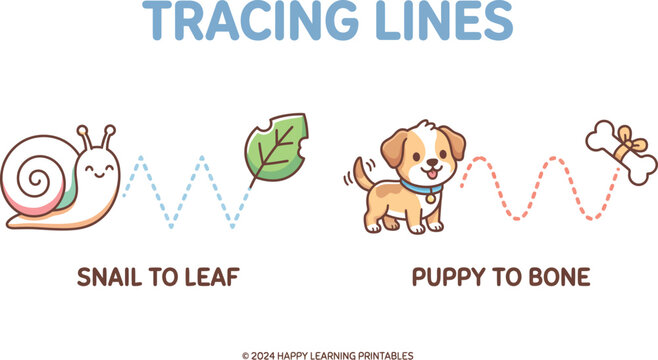 Handwriting practice tracing lines worksheet with cute snail and puppy for children