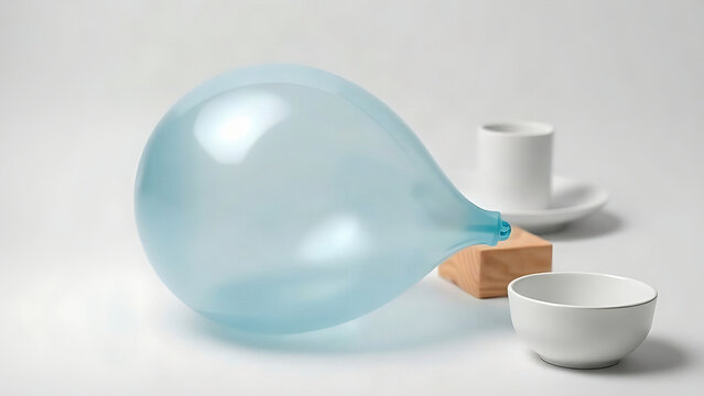 Pale blue water balloon on white surface, water tension and playful summer concept