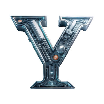 Isolated capital letter Y in SciFi style mainly in metal with some orange lightings with lots of technical details on a white background