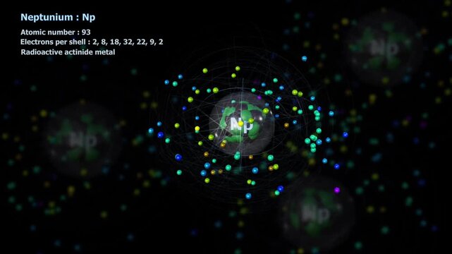 Atom of Neptunium with its 93 Electrons in infinite orbital rotation on black with other atoms in background