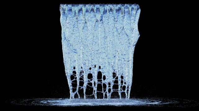 Front view of Dripping Water with a Large Flow from a medium linear source to the ground on a black background