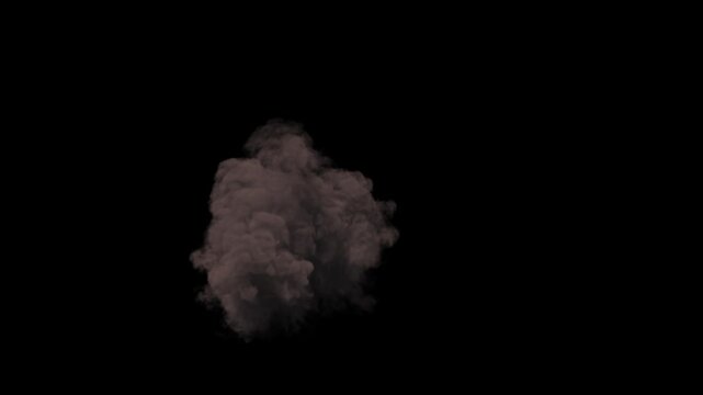 Ground Explosion in varying Yellow and Orange Flames and Dense Grey Smoke with slow dissipation on a black background