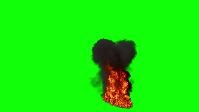 High Angle view of Large Oil Fire with Tall Flames in varying Orange and Dense Smoke Plume with fast Dissipation on a perfect Green Background