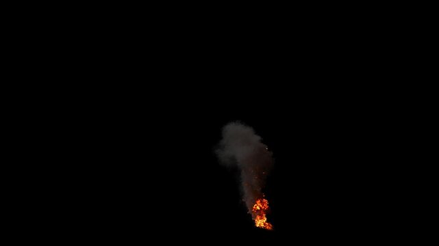 High Angle view of Tiny Oil Fire with Tall Flames in varying Orange and Dense Smoke Plume with fast Dissipation on a Black Background