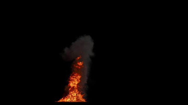 Side view of Medium Oil Fire with Tall Flames in varying Orange and Dense Smoke Plume with fast Dissipation on a Black Background