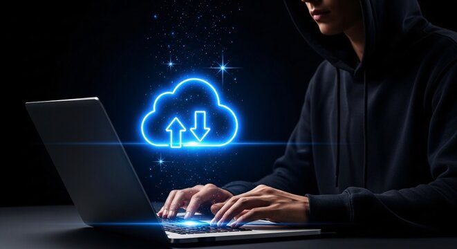 Young hacker in dark hoodie working on laptop with glowing cloud computing and data transfer icons representing cybersecurity and cloud technology concepts
