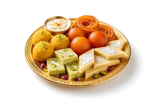 Traditional Indian sweets mithai assortment served on golden plate isolated on white background