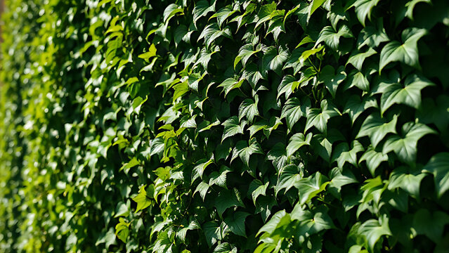 Close-up of ivy leaves densely covering a sunlit glass wall.