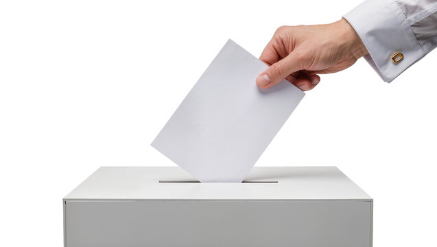 Man s hand in white shirt sleeve dropping blank ballot into white ballot box, isolated on transparent background