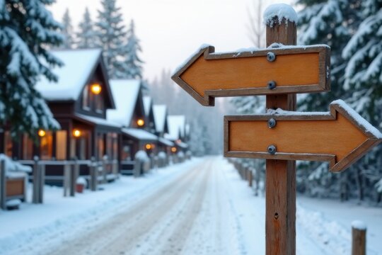 Wegweiser an einem verschneiten Winterweg zwischen gem&uuml;tlichen H&auml;usern