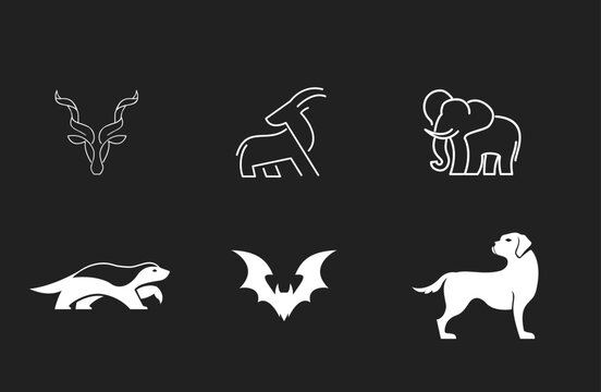 Minimalist Animal Logos Set: Kudu, Goat, Elephant, Badger, Bat, and Dog Icons