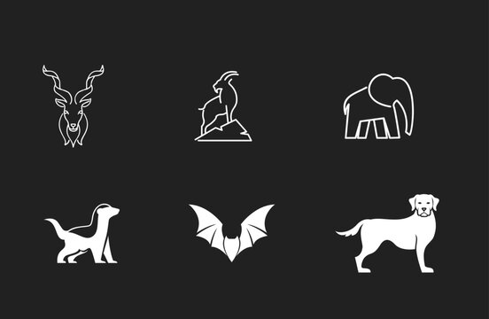 Diverse collection of animal logos and icons featuring antelope, ibex, elephant, weasel, bat, and dog illustrations in line art and silhouette styles.
