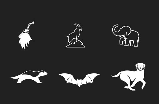 Animal Icons Collection. Stylized Kudu, Ibex, Elephant, Badger, Bat, and Dog silhouettes on dark background.