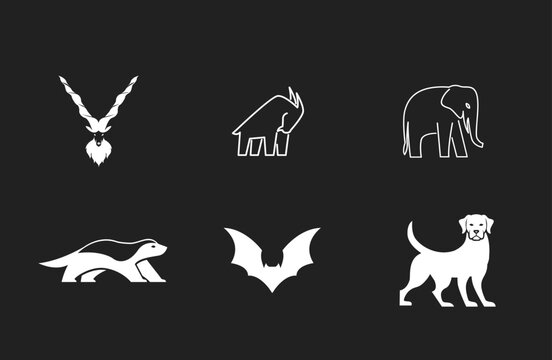 Vector Animal Logos Set: Kudu, Rhino, Elephant, Badger, Bat, Dog. Minimalist wildlife icons on a dark background.