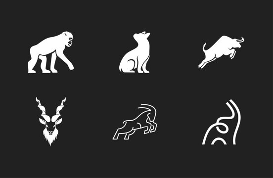 Diverse Animal Logos Collection: Gorilla, Dog, Bull, Markhor, and Stylized Goat Icons in Modern Minimalist Design