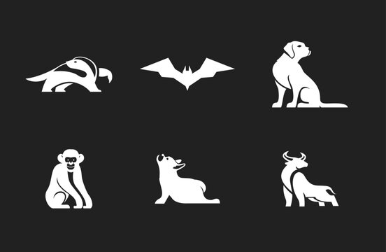 Animal Logos Collection. Stylized white silhouettes of badger, bat, dog, monkey, seal, and bull on a dark background. Vector illustrations for design.