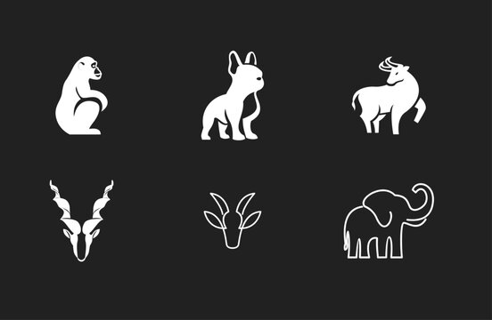 Animal Logos and Silhouettes Collection: Monkey, French Bulldog, Bull, Kudu, Gazelle, Elephant. Minimalist graphic design elements for branding and icons.