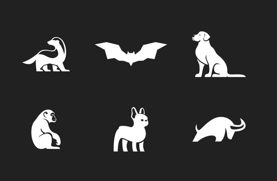 Set of white vector animal silhouettes. Collection of badger, bat, dog, monkey, French Bulldog, and buffalo in minimalist flat design style on a dark background.