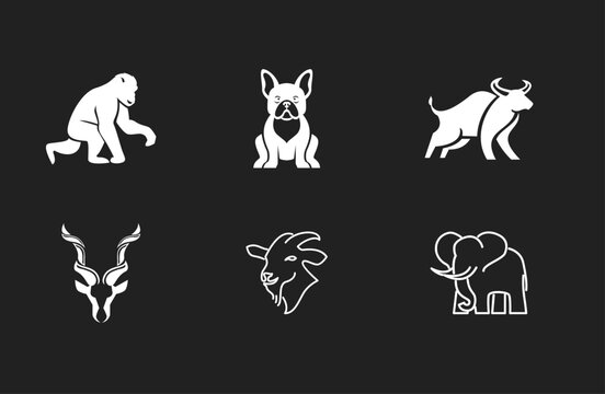 Diverse Animal Logos and Icons Collection: Gorilla, French Bulldog, Bull, Kudu, Goat, and Elephant Vector Illustrations