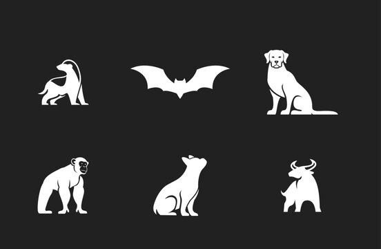 Collection of minimalist animal icons: badger, bat, dog, chimpanzee, cat, and bull. White silhouette designs ideal for graphic resources, branding, and modern 