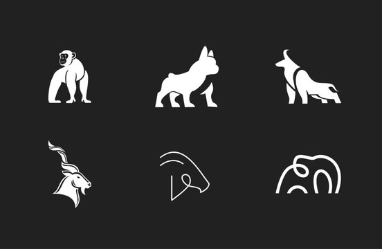 Minimalist Animal Logos Collection. Modern vector icons featuring monkey, bulldog, bull, markhor, horse, and elephant for branding and design projects.