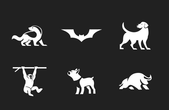 Animal Silhouettes Collection: Ferret, Bat, Dog, Monkey, and Bull Logos