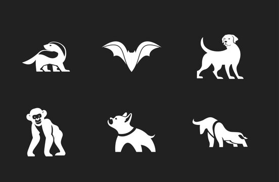 Collection of minimalist animal logos, flat design vector icons on a dark background. Includes weasel, bat, Labrador, monkey, small dog, and bull for branding and graphic design.