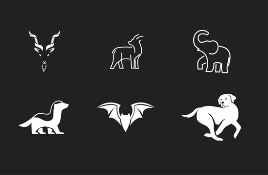 Animal Icons Set: Stylized Goat, Outline Deer, Elephant, Ferret, Bat, and Running Dog Illustrations on Dark Background