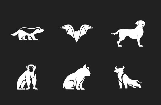 Animal Silhouettes Vector Icon Set. Minimalist Collection of Wild and Domestic Animals: Badger, Bat, Dog, Monkey, Cat, Bull. Modern, Abstract Animal Symbols for Design and Logos.