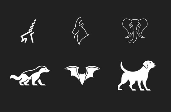 Set of Animal Vector Icons including Unicorn, Goat, Elephant, Badger, Bat, Dog
