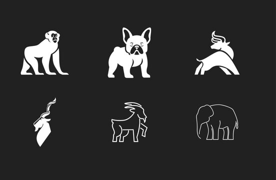 Minimalist Animal Icons Set: Ape, French Bulldog, Bull, Kudu, Goat, and Elephant Illustrations on Dark Background