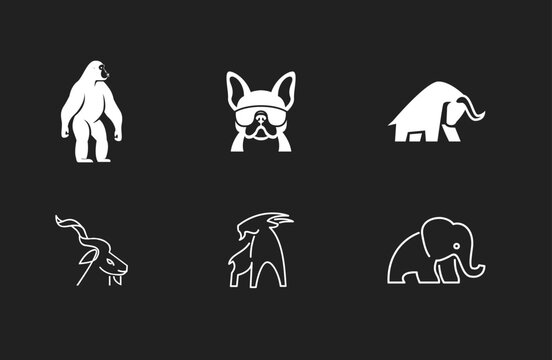 Collection of Minimalist Animal Logos: Gorilla, French Bulldog, Elephants, Gazelle, and Goat Illustrations
