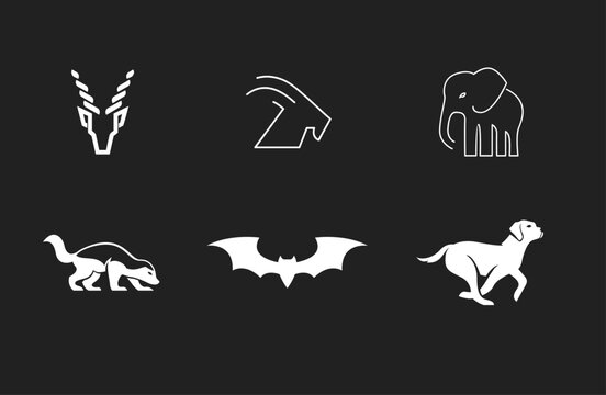 Modern animal vector logo and illustration set, featuring stylized gazelle, goat, elephant, badger, bat, and running dog designs on a dark background.