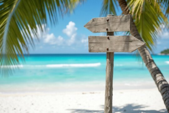 Wegweiser am wei&szlig;en Sandstrand unter Palmen mit Blick auf t&uuml;rkisfarbenes Meer
