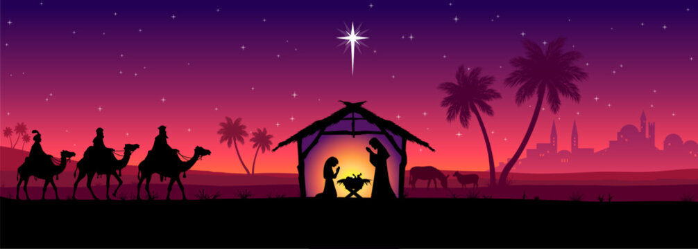 classic christmas nativity birth of jesus christ in stable with 3 wise men and star night scene vector illustration for greeting card