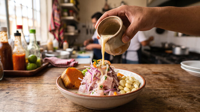 Chef pouring leche de tigre sauce over fresh traditional Peruvian ceviche bowl