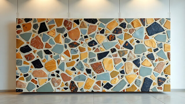 Polished breccia slab with colorful stone fragments forming an abstract mosaic pattern.