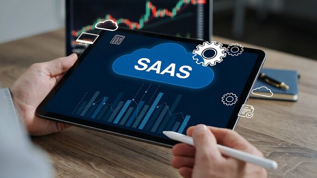 A person's hands engage with a digital tablet showcasing a SaaS cloud computing concept, highlighting modern business technology, data management, and software solutions