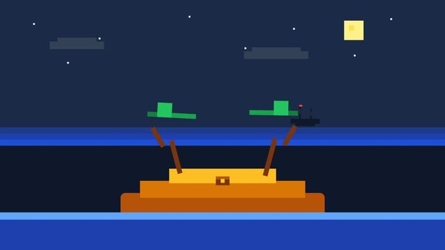 Night Scene of Orange Platform on Calm Sea with Moon and Stars.